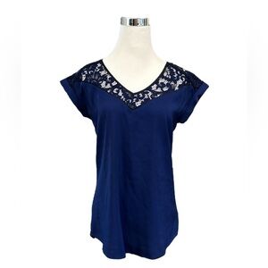 Express Women Blue Short Sleeve Blouse Small Lace Trim V-Neck